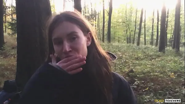 Hot Young shy Russian girl gives a blowjob in a German forest and swallow sperm in POV (first homemade porn from family archive fine Clips