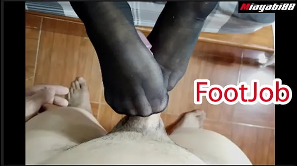 Hot Thai couple has foot sex wearing stockings Use your feet to jerk your husband until he cums fine Clips
